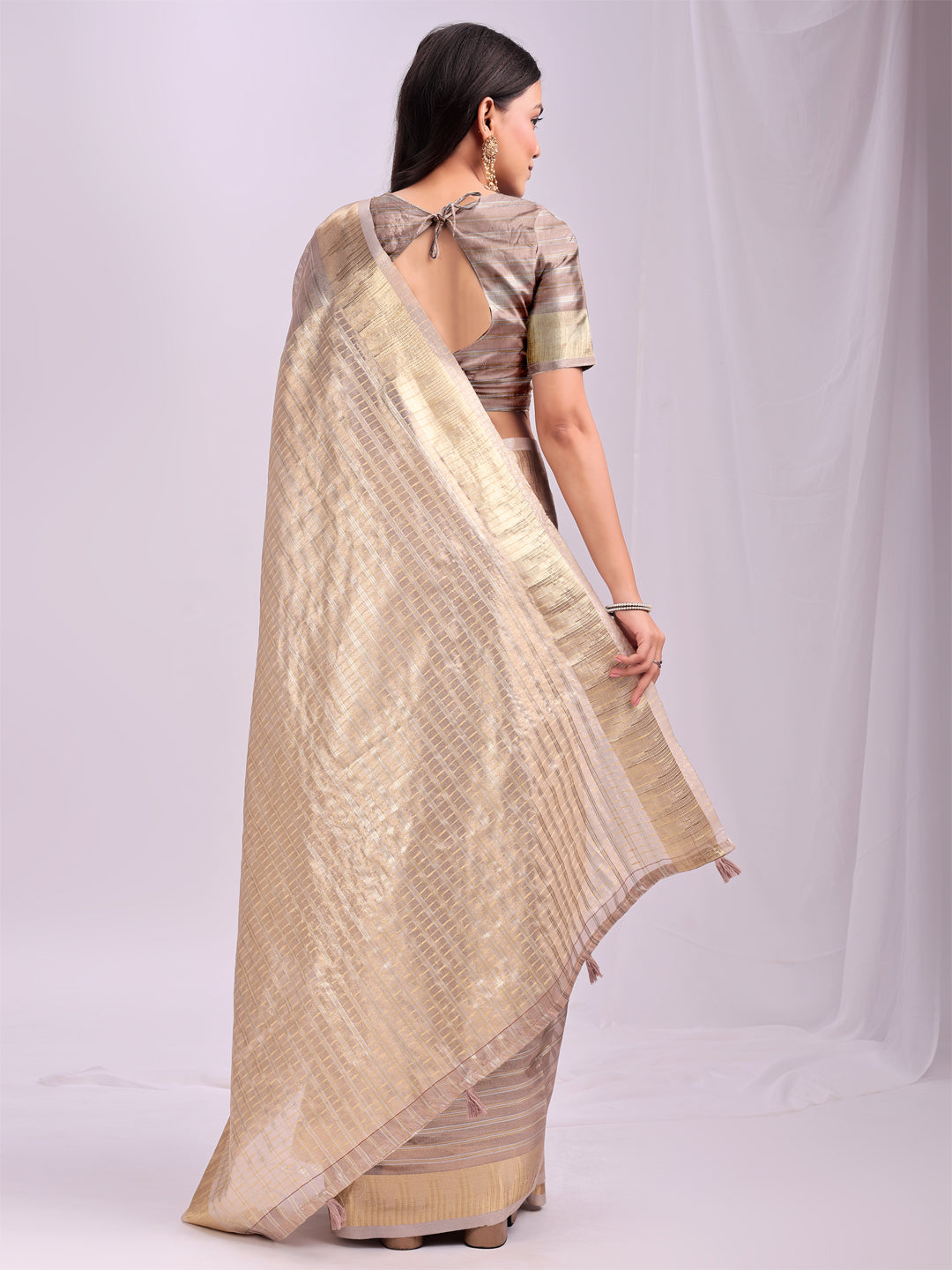 Astita Pink Gold Organza Saree with Subtle Zari Weave | Lightweight Festive Saree for Women | Elegant Traditional Look | Golden Border & Pallu | Perfect for Weddings, Puja & Gifting