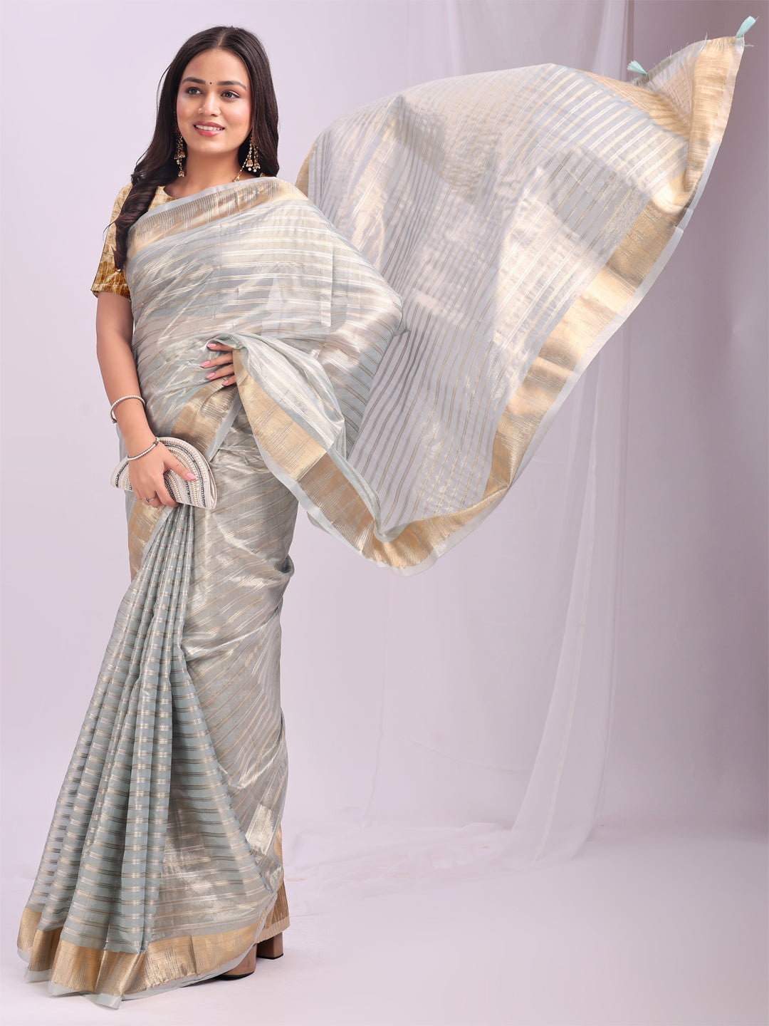 Astita Sky Blue Gold Organza Saree with Subtle Zari Weave | Lightweight Festive Saree for Women | Elegant Traditional Look | Golden Border & Pallu | Perfect for Weddings, Puja & Gifting