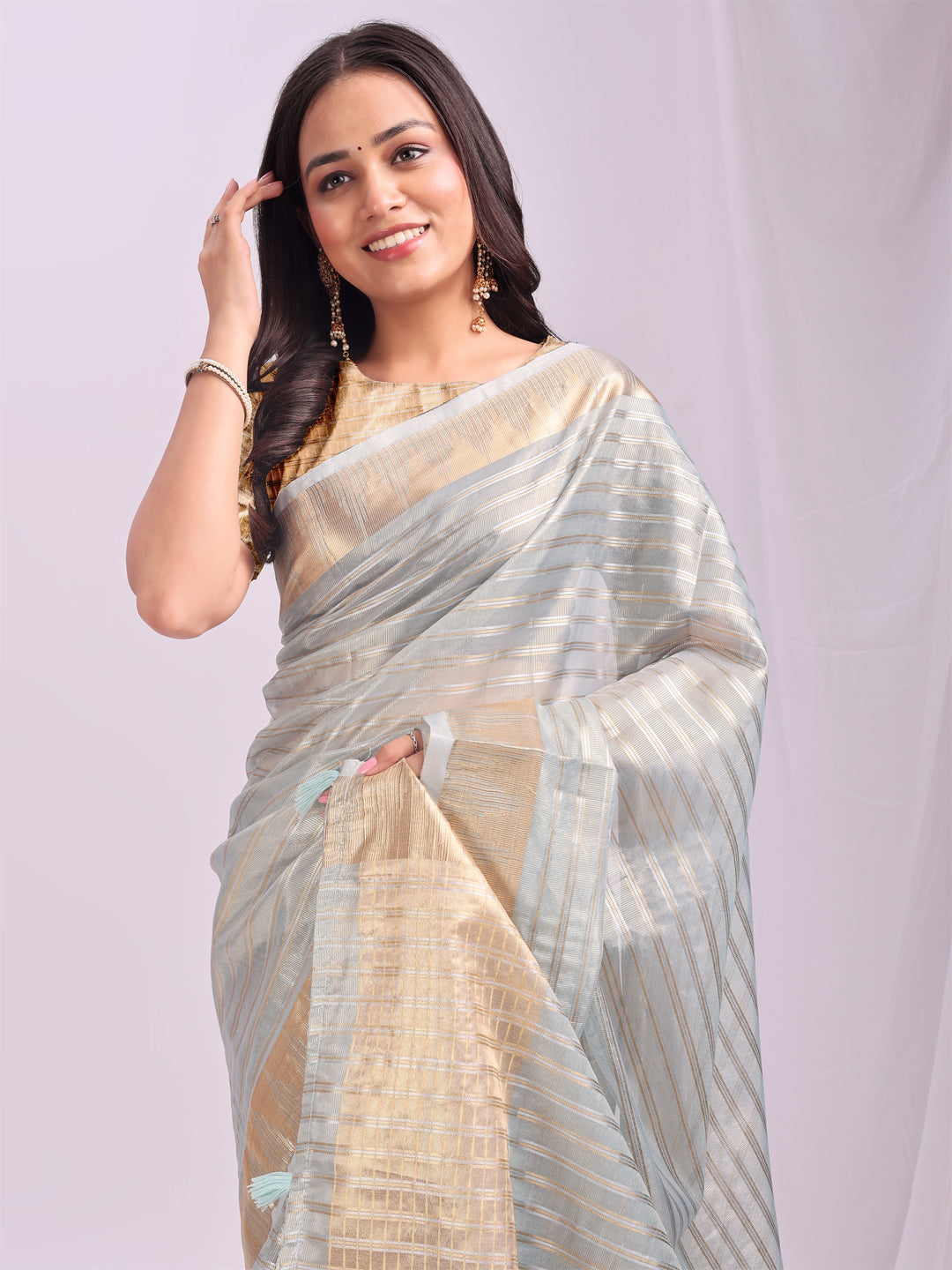 Astita Sky Blue Gold Organza Saree with Subtle Zari Weave | Lightweight Festive Saree for Women | Elegant Traditional Look | Golden Border & Pallu | Perfect for Weddings, Puja & Gifting