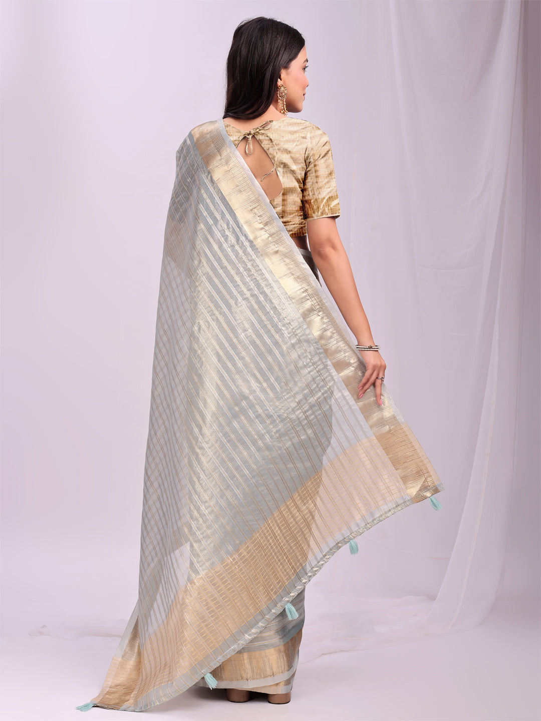 Astita Sky Blue Gold Organza Saree with Subtle Zari Weave | Lightweight Festive Saree for Women | Elegant Traditional Look | Golden Border & Pallu | Perfect for Weddings, Puja & Gifting