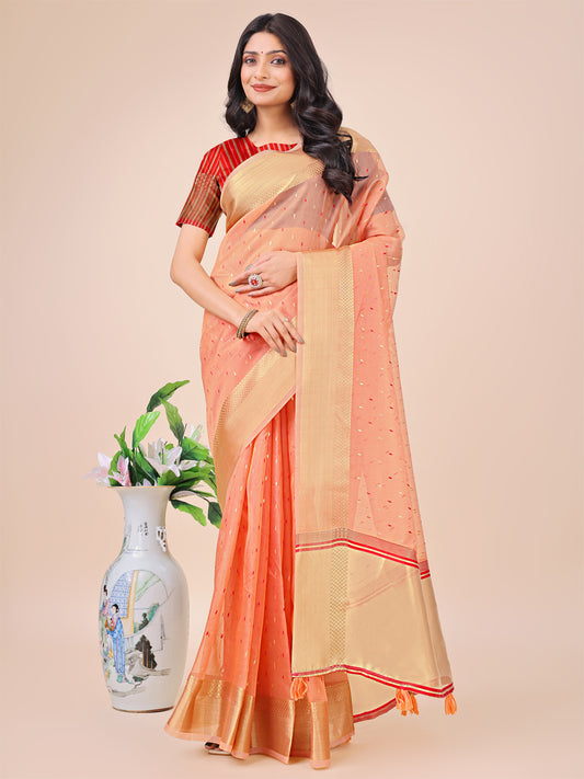 Astita Peach Gold Organza Silk Saree – Lightweight Luxury for Your Ethnic Moments