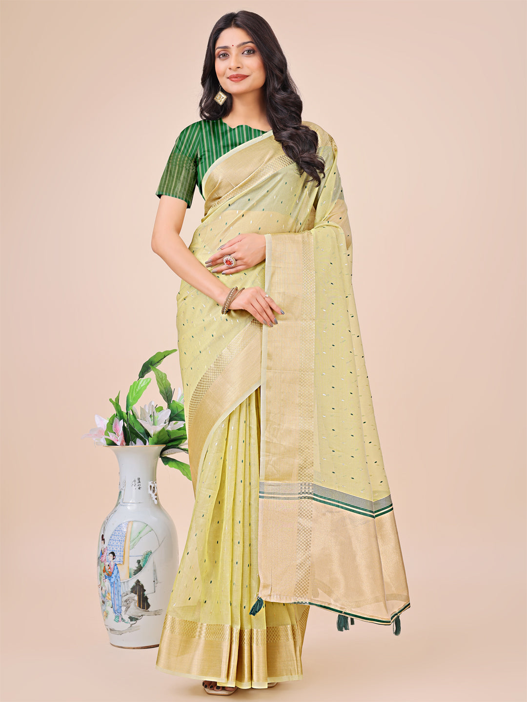 Astita Light Green Gold Organza Silk Saree – Lightweight Luxury for Your Ethnic Moments