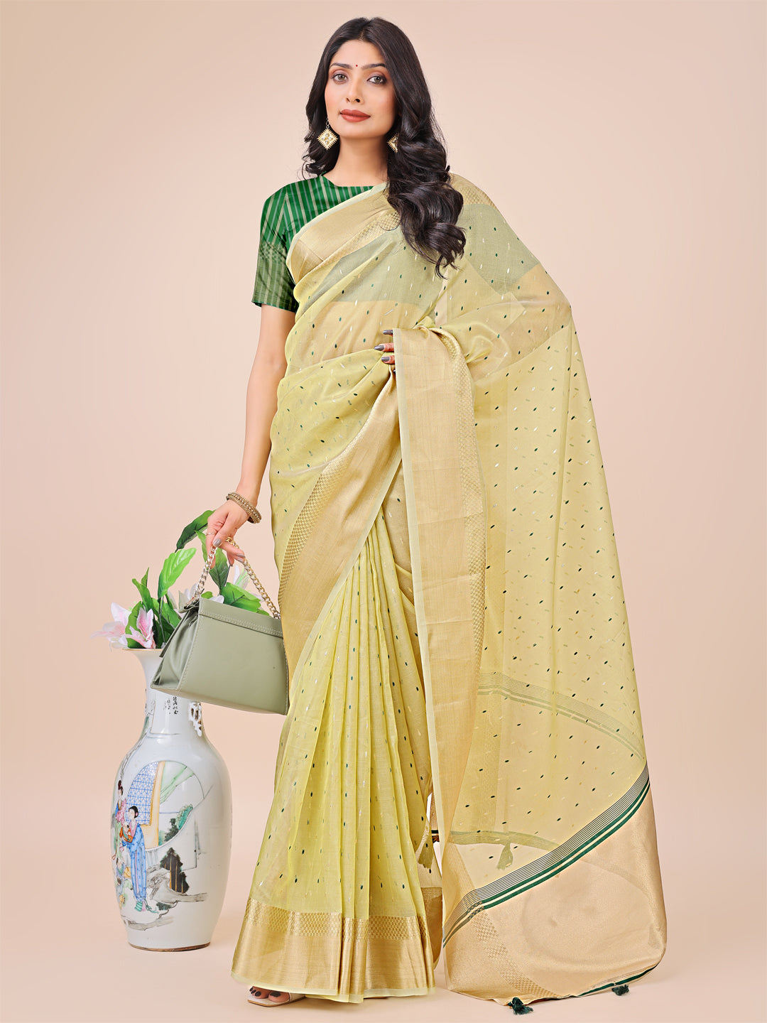 Astita Light Green Gold Organza Silk Saree – Lightweight Luxury for Your Ethnic Moments