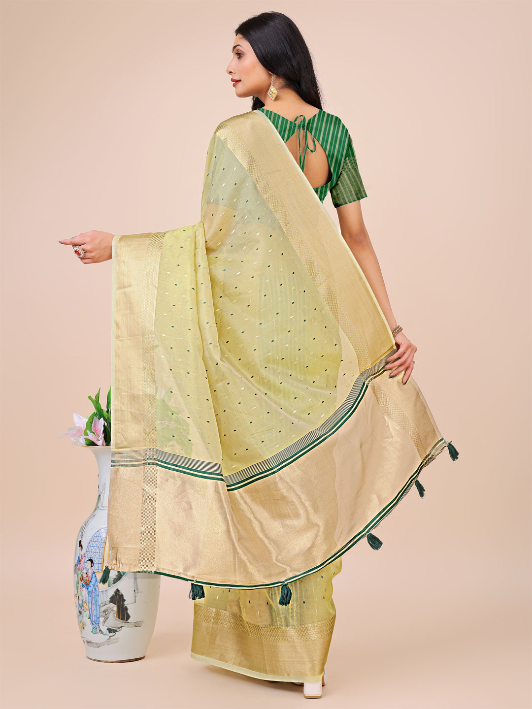 Astita Light Green Gold Organza Silk Saree – Lightweight Luxury for Your Ethnic Moments