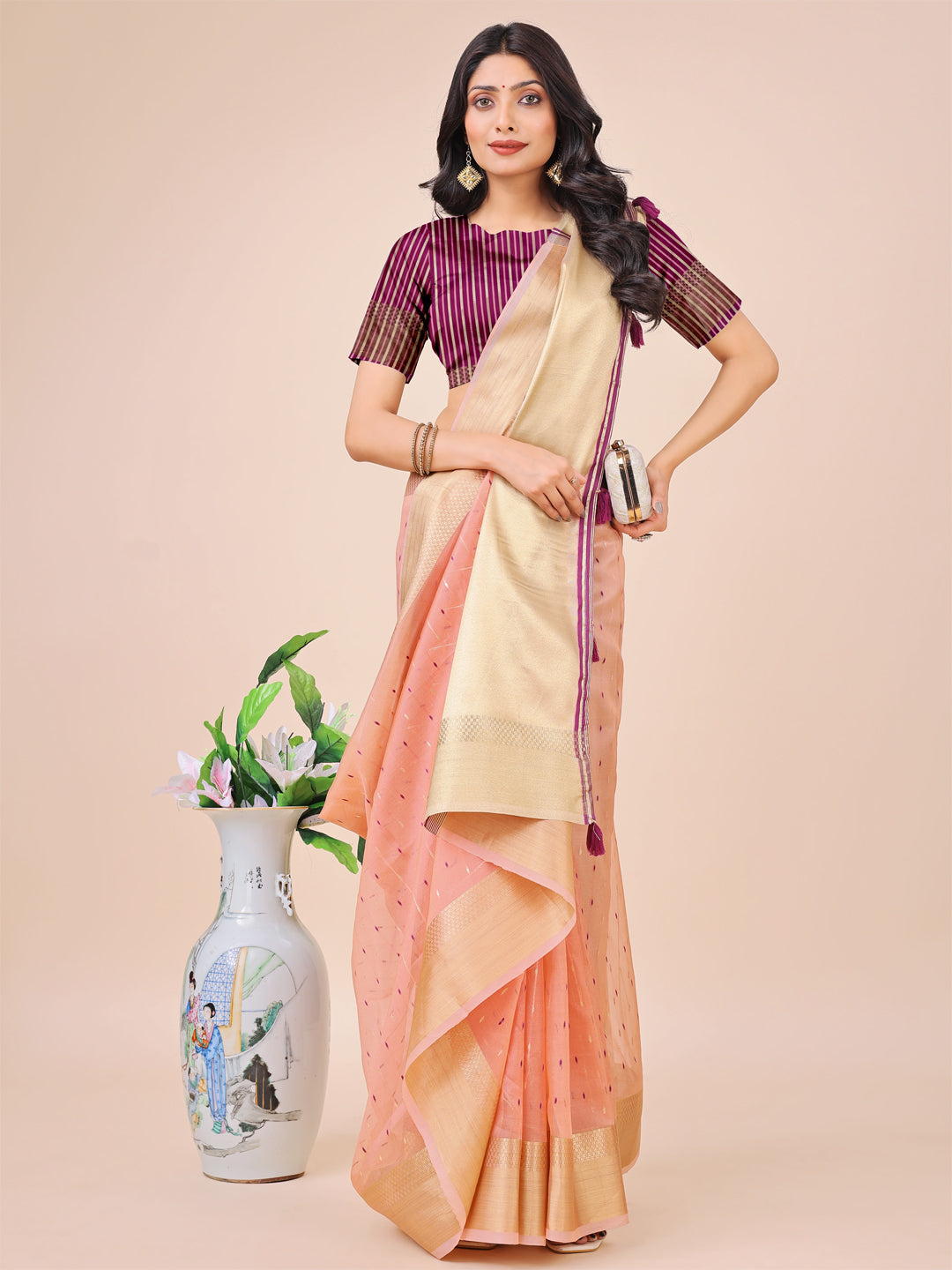 Astita Light Pink Gold Organza Silk Saree – Lightweight Luxury for Your Ethnic Moments