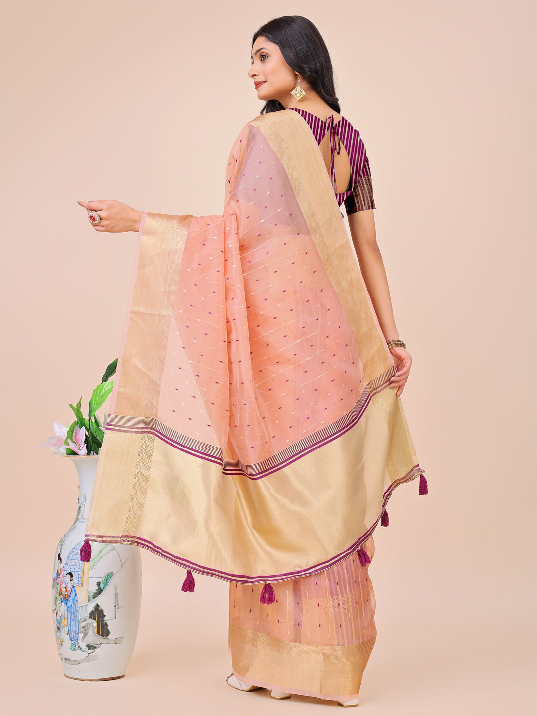 Astita Light Pink Gold Organza Silk Saree – Lightweight Luxury for Your Ethnic Moments