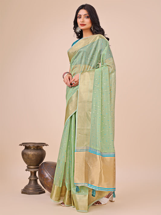 Astita Green Gold Organza Silk Saree – Lightweight Luxury for Your Ethnic Moments