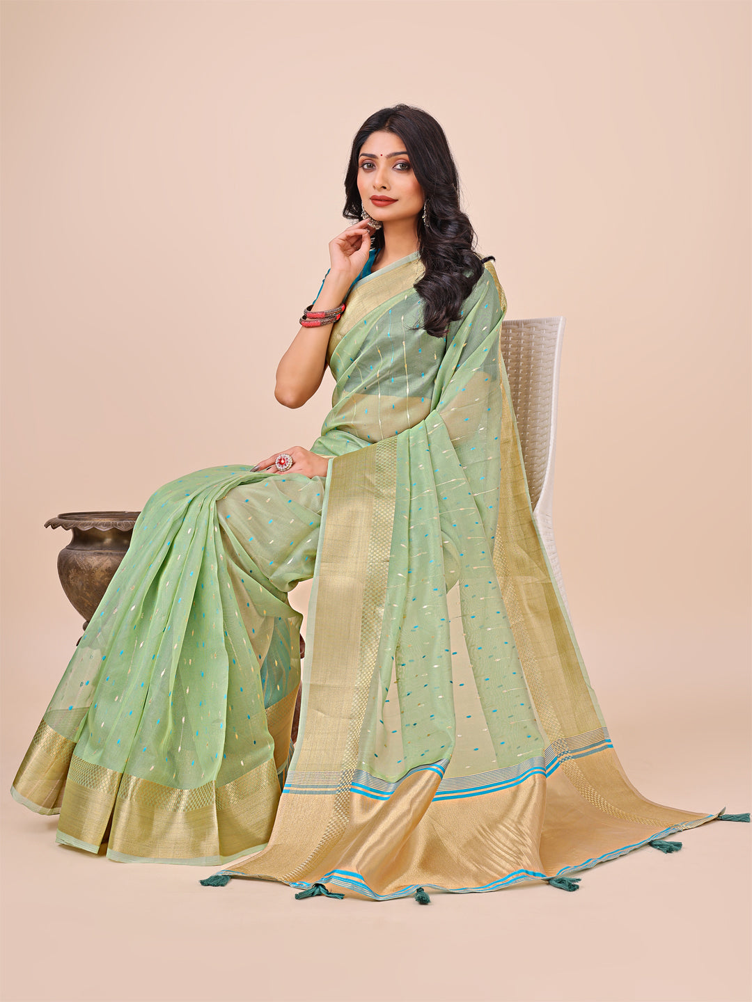 Astita Green Gold Organza Silk Saree – Lightweight Luxury for Your Ethnic Moments