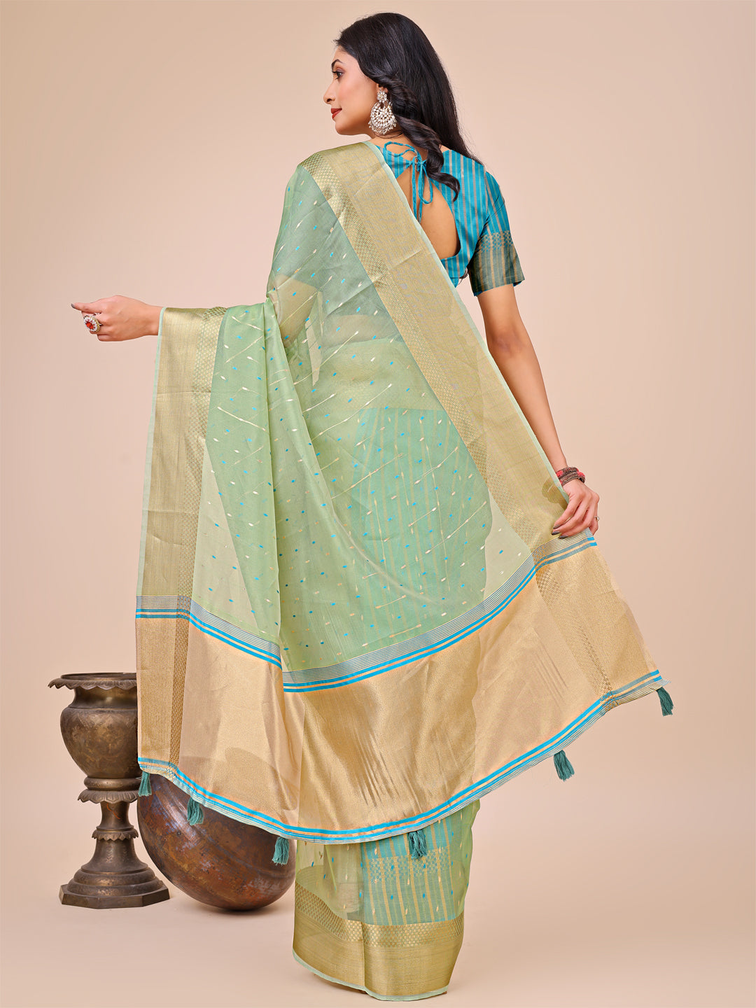 Astita Green Gold Organza Silk Saree – Lightweight Luxury for Your Ethnic Moments