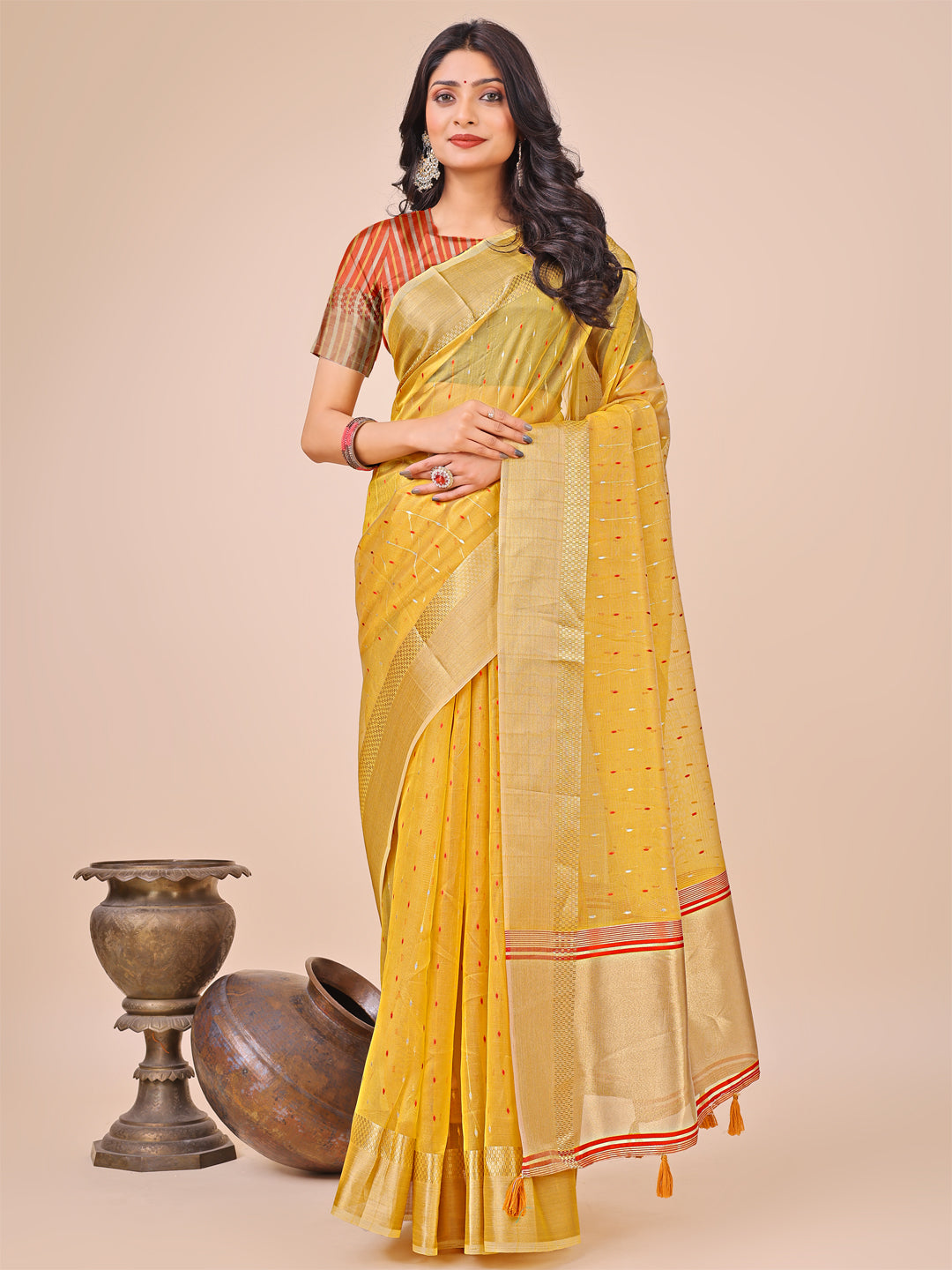 Astita Yellow Gold Organza Silk Saree – Lightweight Luxury for Your Ethnic Moments
