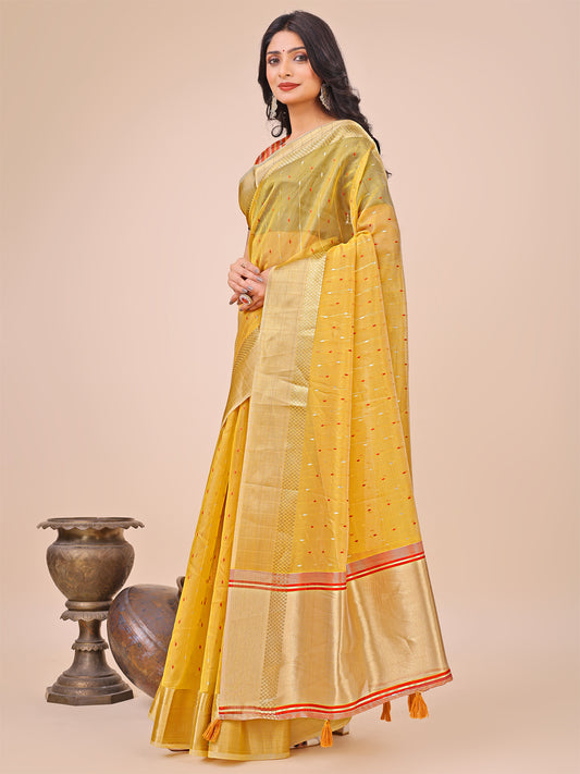 Astita Yellow Gold Organza Silk Saree – Lightweight Luxury for Your Ethnic Moments