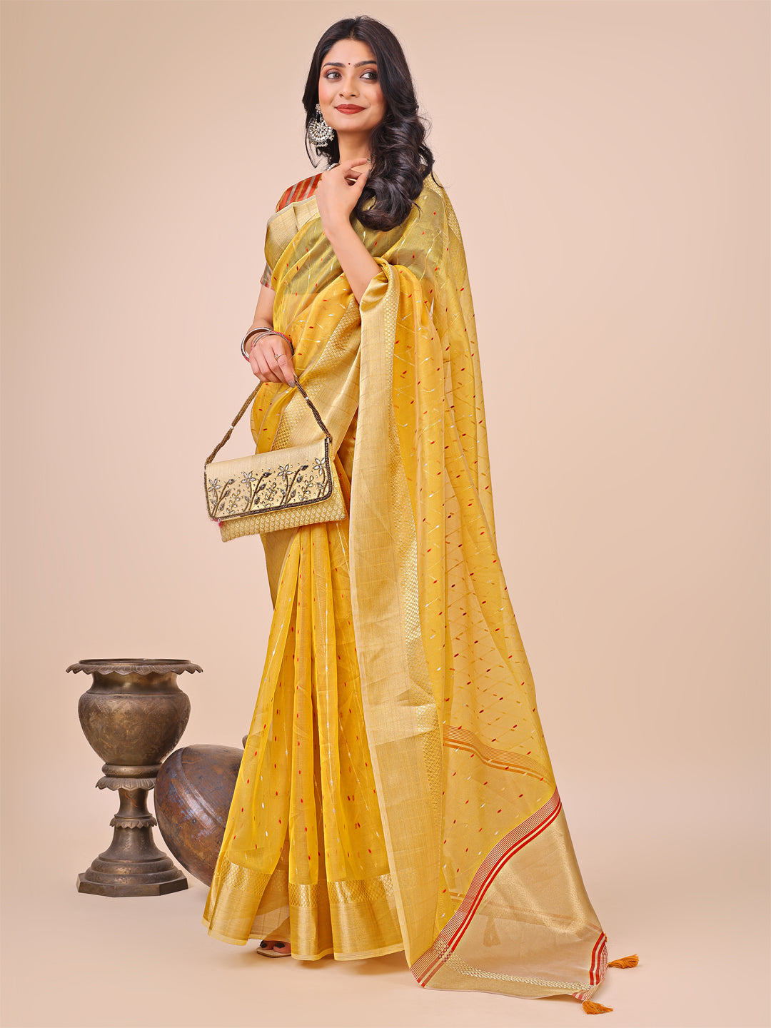 Astita Yellow Gold Organza Silk Saree – Lightweight Luxury for Your Ethnic Moments