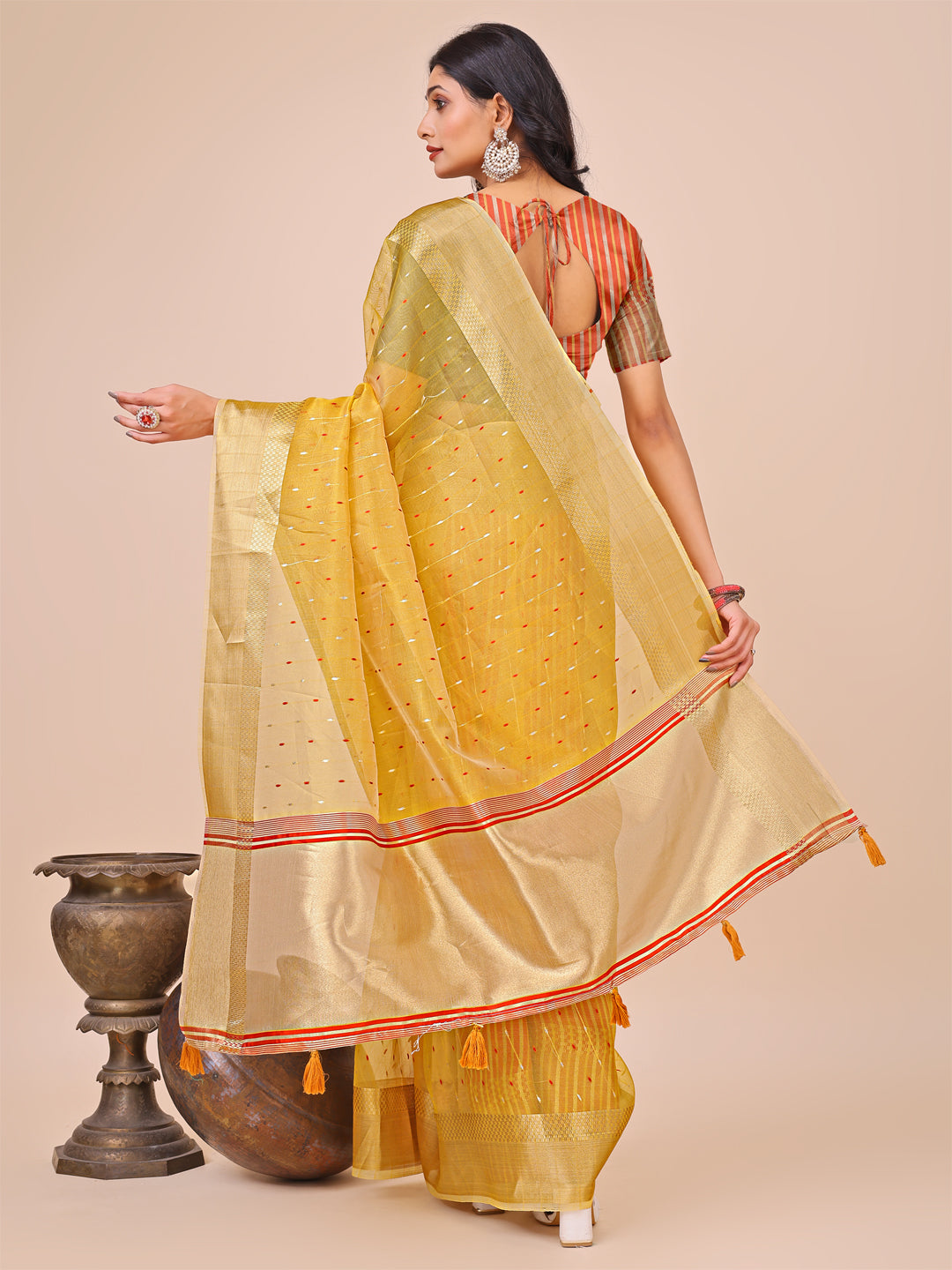 Astita Yellow Gold Organza Silk Saree – Lightweight Luxury for Your Ethnic Moments