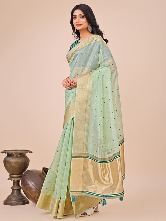 Astita Olive Green Gold Organza Silk Saree – Lightweight Luxury for Your Ethnic Moments