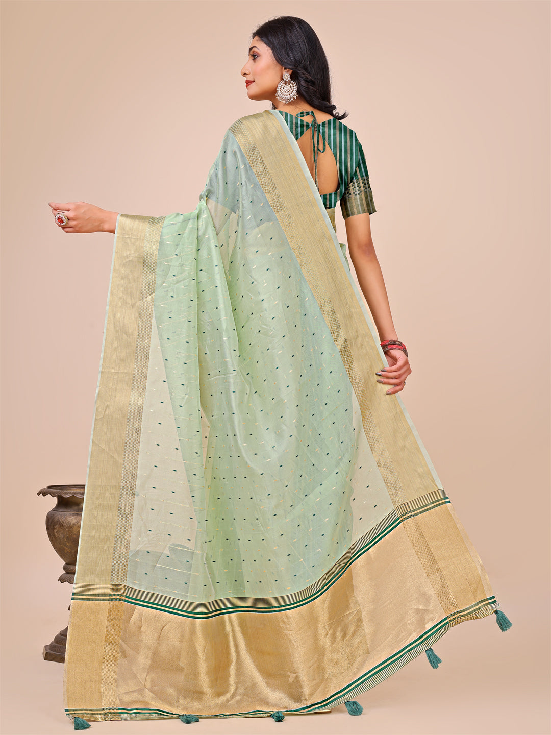 Astita Olive Green Gold Organza Silk Saree – Lightweight Luxury for Your Ethnic Moments