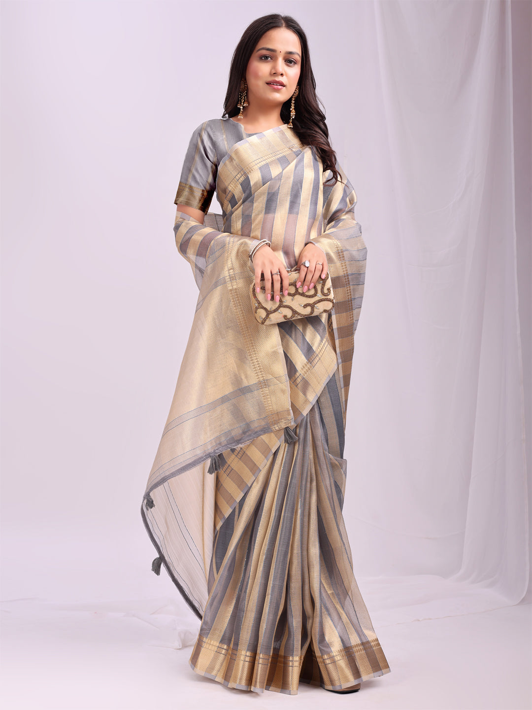 Astita Grey Gold Organza Saree with Subtle Zari Weave | Lightweight Festive Saree for Women | Elegant Traditional Look | Golden Border & Pallu | Perfect for Weddings, Puja & Gifting