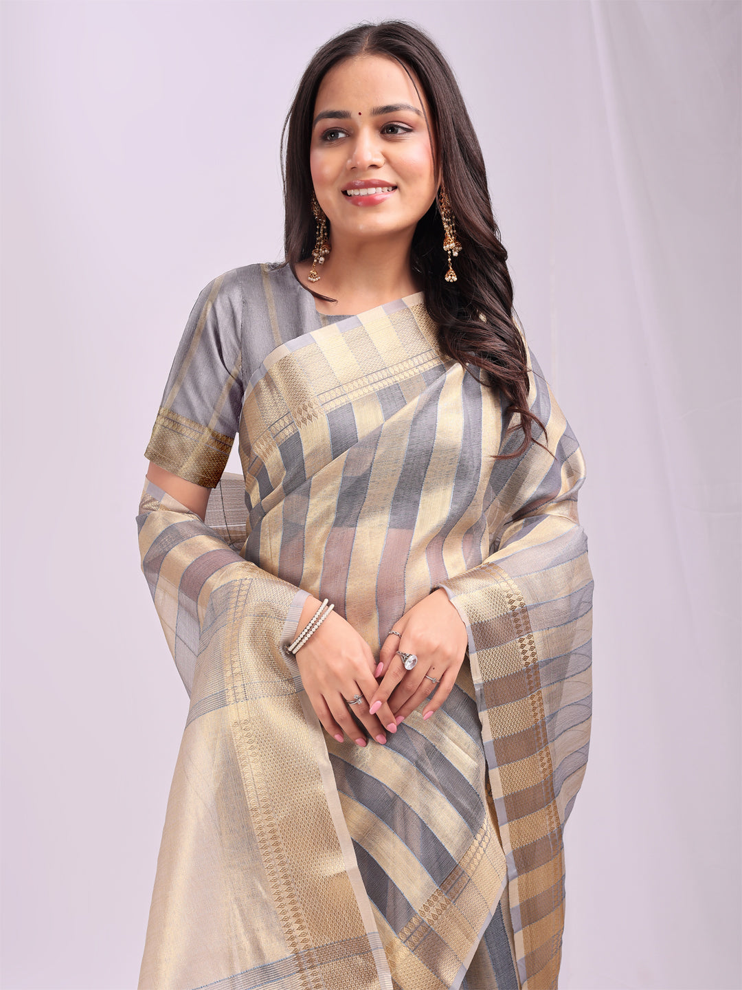 Astita Grey Gold Organza Saree with Subtle Zari Weave | Lightweight Festive Saree for Women | Elegant Traditional Look | Golden Border & Pallu | Perfect for Weddings, Puja & Gifting