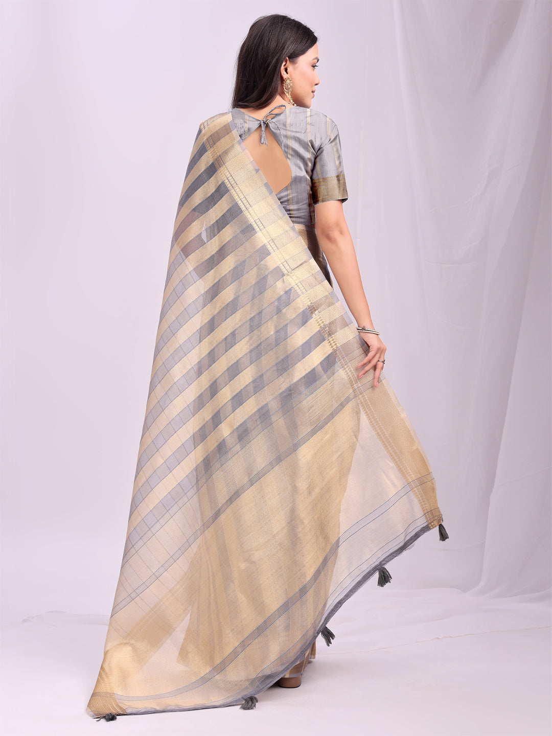 Astita Grey Gold Organza Saree with Subtle Zari Weave | Lightweight Festive Saree for Women | Elegant Traditional Look | Golden Border & Pallu | Perfect for Weddings, Puja & Gifting