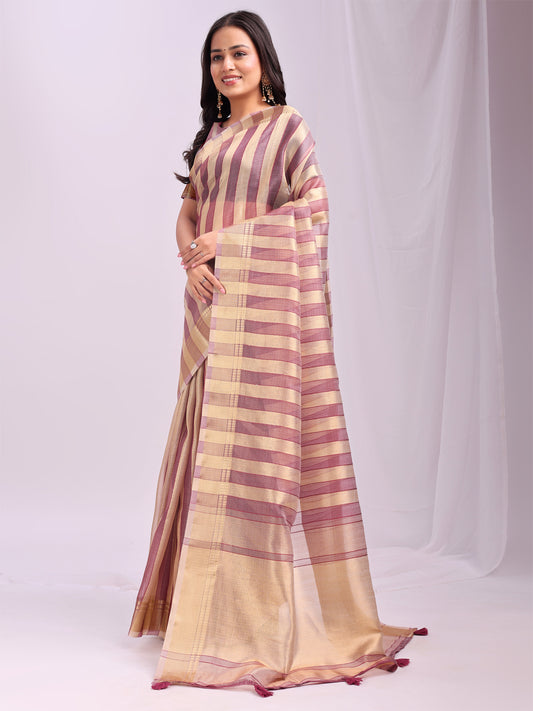 Astita Purple Gold Organza Saree with Subtle Zari Weave | Lightweight Festive Saree for Women | Elegant Traditional Look | Golden Border & Pallu | Perfect for Weddings, Puja & Gifting