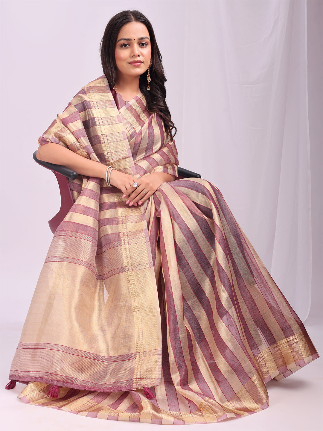 Astita Purple Gold Organza Saree with Subtle Zari Weave | Lightweight Festive Saree for Women | Elegant Traditional Look | Golden Border & Pallu | Perfect for Weddings, Puja & Gifting