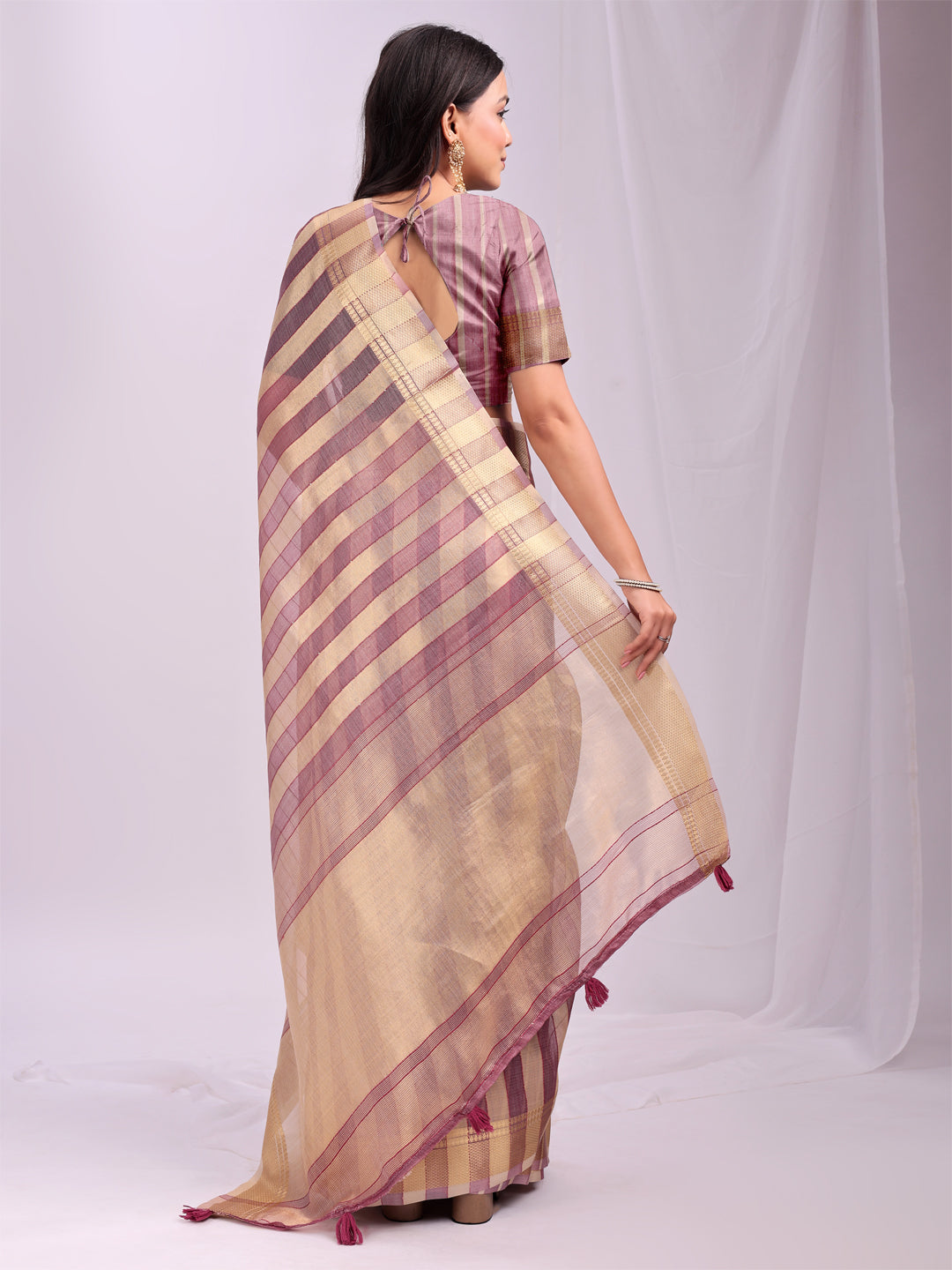 Astita Purple Gold Organza Saree with Subtle Zari Weave | Lightweight Festive Saree for Women | Elegant Traditional Look | Golden Border & Pallu | Perfect for Weddings, Puja & Gifting