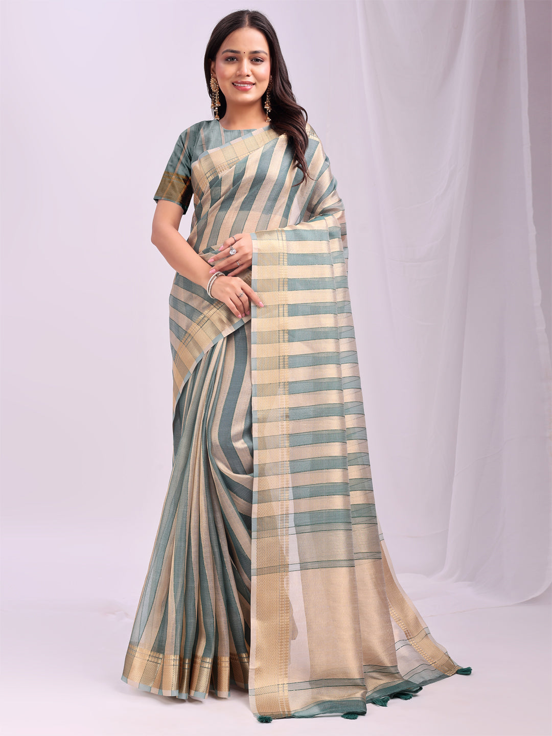 Astita Green Gold Organza Saree with Subtle Zari Weave | Lightweight Festive Saree for Women | Elegant Traditional Look | Golden Border & Pallu | Perfect for Weddings, Puja & Gifting