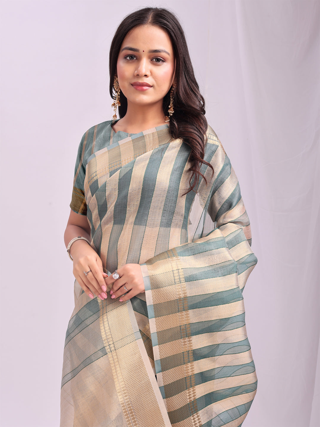 Astita Green Gold Organza Saree with Subtle Zari Weave | Lightweight Festive Saree for Women | Elegant Traditional Look | Golden Border & Pallu | Perfect for Weddings, Puja & Gifting