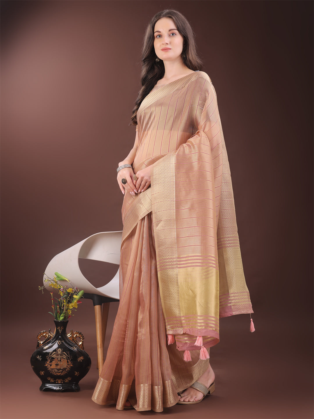 Astita Elegant Gold Peach Organza Saree with Zari Border | Party Wear Lightweight Saree with Blouse for Women