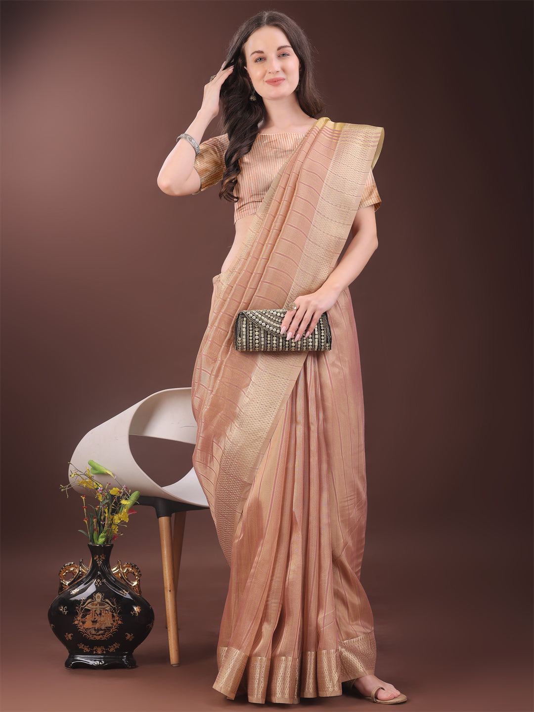 Astita Elegant Gold Peach Organza Saree with Zari Border | Party Wear Lightweight Saree with Blouse for Women