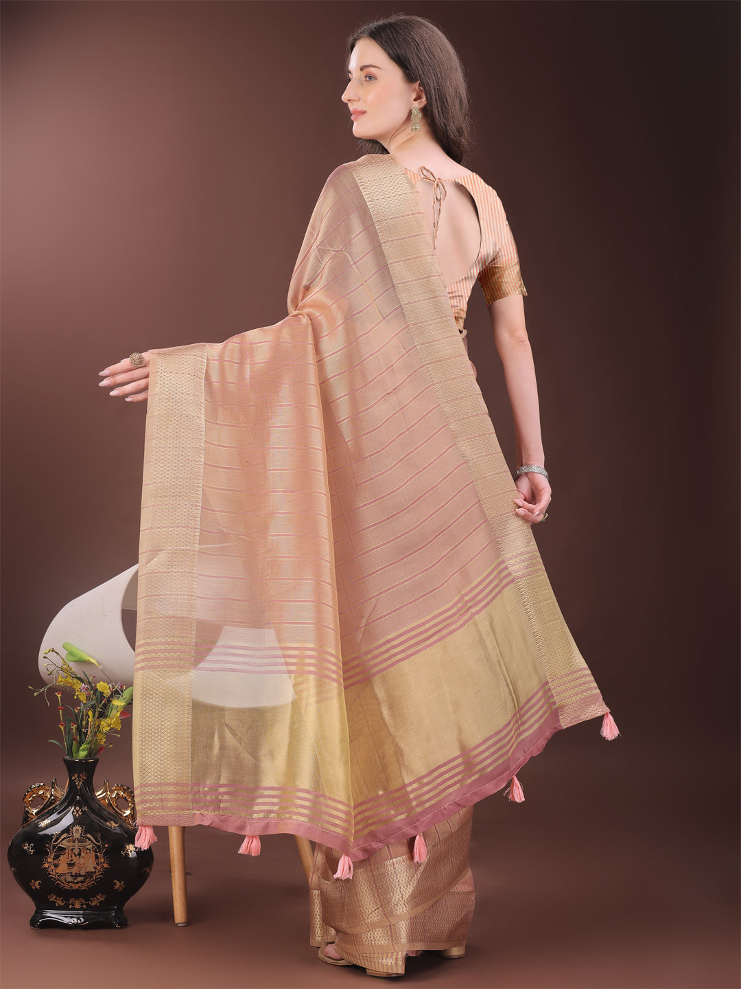 Astita Elegant Gold Peach Organza Saree with Zari Border | Party Wear Lightweight Saree with Blouse for Women