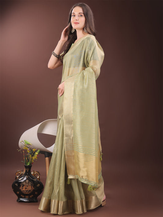 Astita Elegant Gold Mint Green Organza Saree with Zari Border | Party Wear Lightweight Saree with Blouse for Women