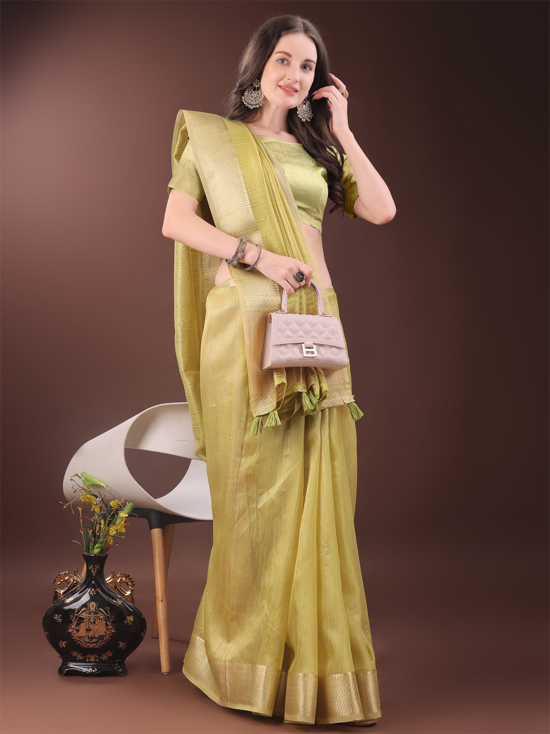 Astita Elegant Gold Yellow Organza Saree with Zari Border | Party Wear Lightweight Saree with Blouse for Women