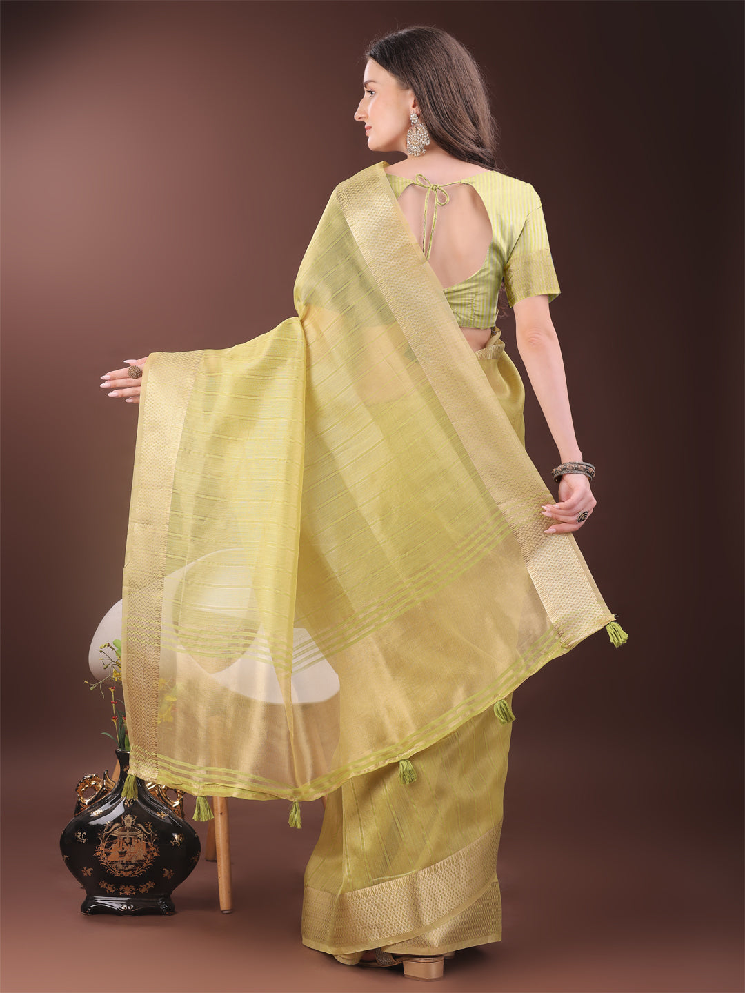 Astita Elegant Gold Yellow Organza Saree with Zari Border | Party Wear Lightweight Saree with Blouse for Women