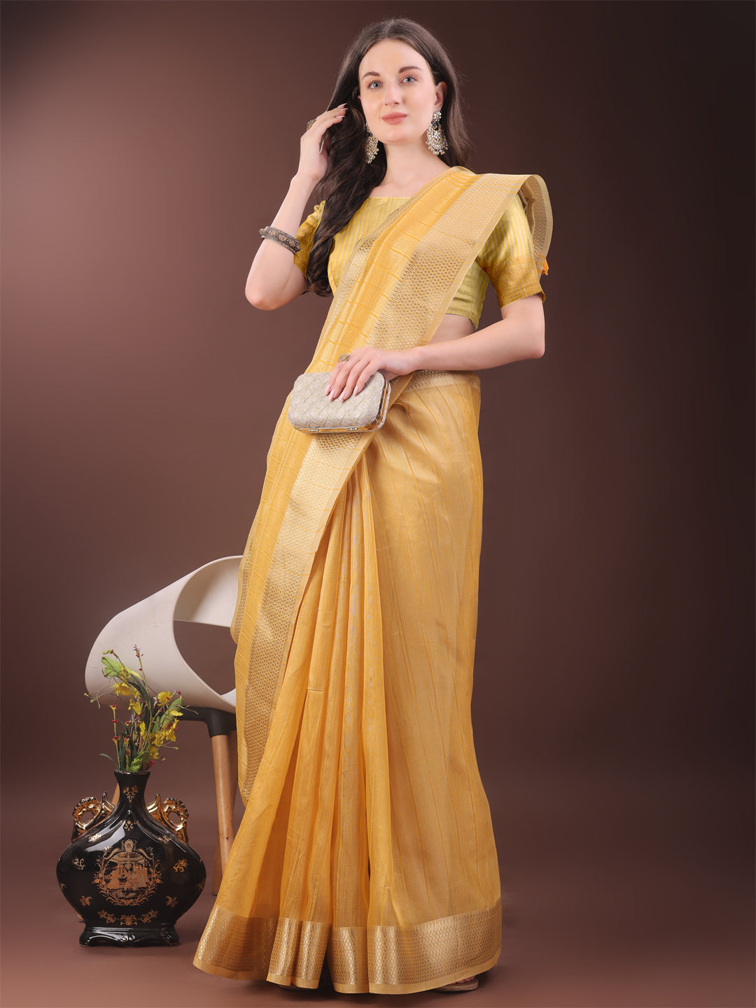 Astita Elegant Gold Mustrad Organza Saree with Zari Border | Party Wear Lightweight Saree with Blouse for Women