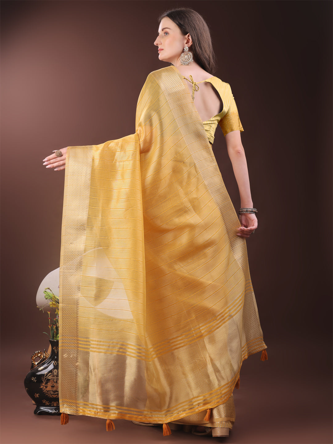Astita Elegant Gold Mustrad Organza Saree with Zari Border | Party Wear Lightweight Saree with Blouse for Women