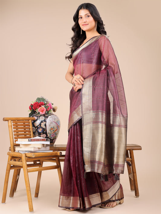 Wine Purple Organza Saree with Golden Border – Bold Elegance in Every Drape