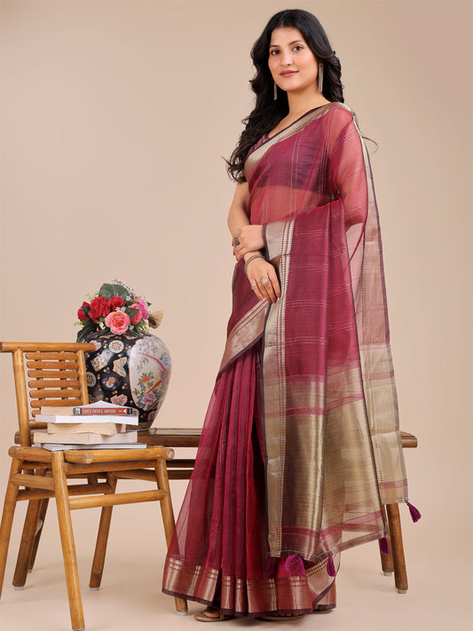 Magenta Organza Saree with Golden Border – Bold Elegance in Every Drape