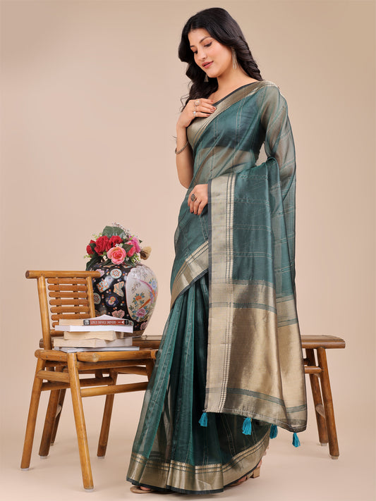 Dark Green Organza Saree with Golden Border – Bold Elegance in Every Drape