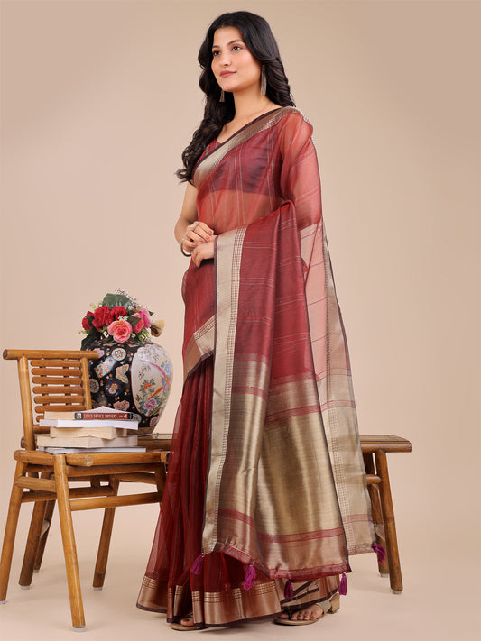 Maroon Organza Saree with Golden Border – Bold Elegance in Every Drape