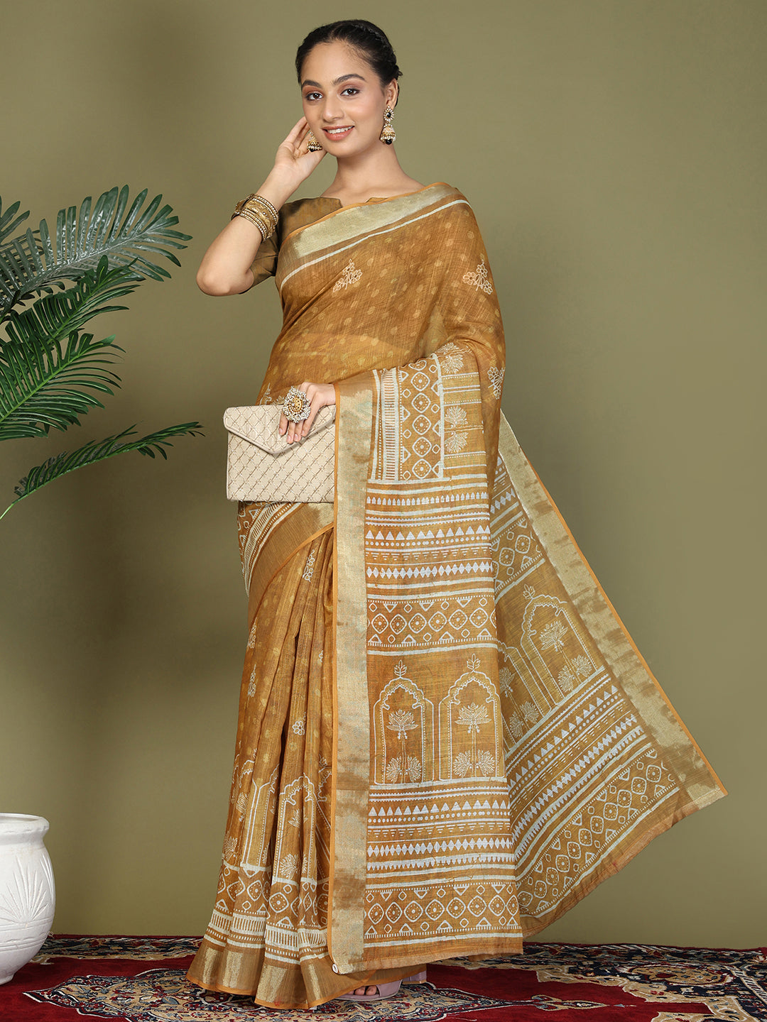 Astita Golden Printed Cotton Comfortable Daily & Office Wear Saree for Women