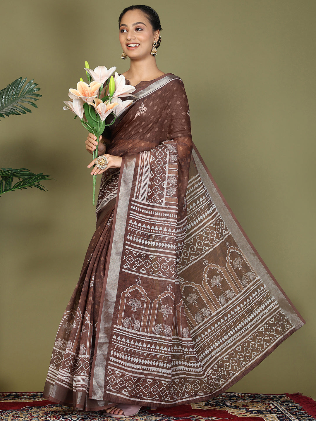 Astita Brown Printed Cotton Comfortable Daily & Office Wear Saree for Women