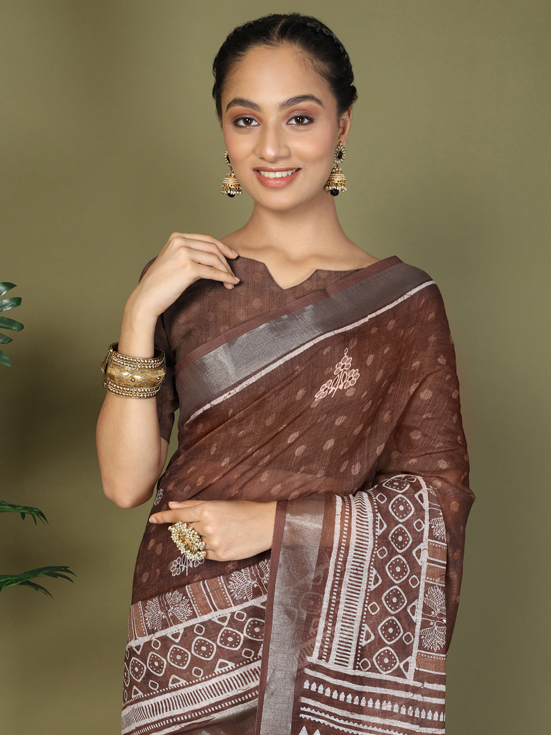 Astita Brown Printed Cotton Comfortable Daily & Office Wear Saree for Women