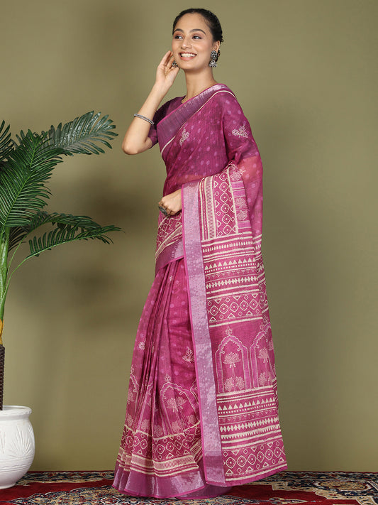 Astita Purple Printed Cotton Comfortable Daily & Office Wear Saree for Women