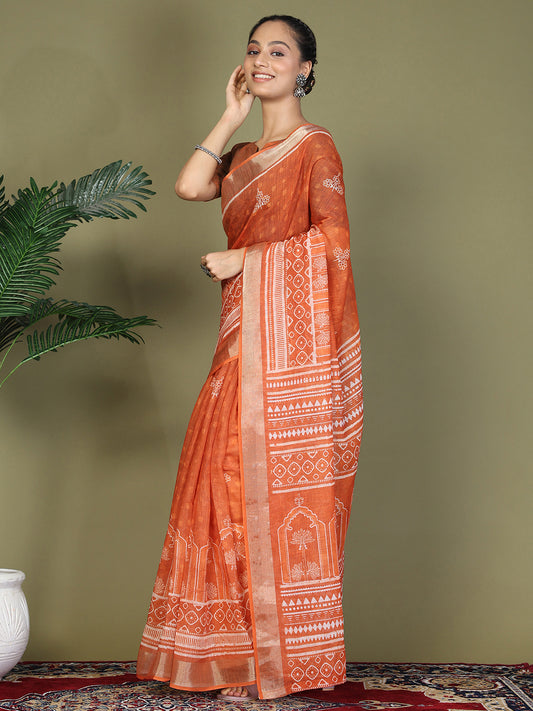 Astita Orange Printed Cotton Comfortable Daily & Office Wear Saree for Women