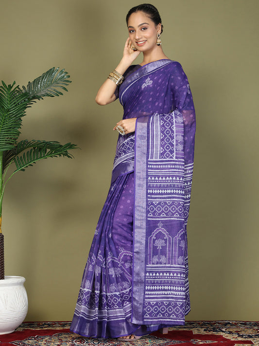 Astita Violet Printed Cotton Comfortable Daily & Office Wear Saree for Women