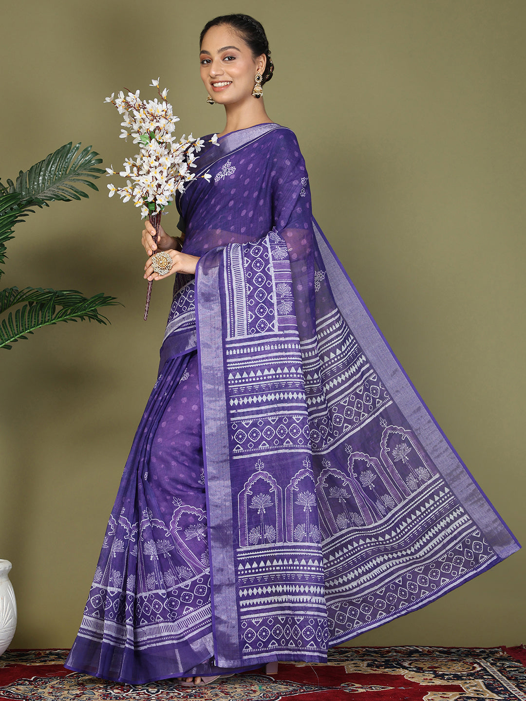 Astita Violet Printed Cotton Comfortable Daily & Office Wear Saree for Women