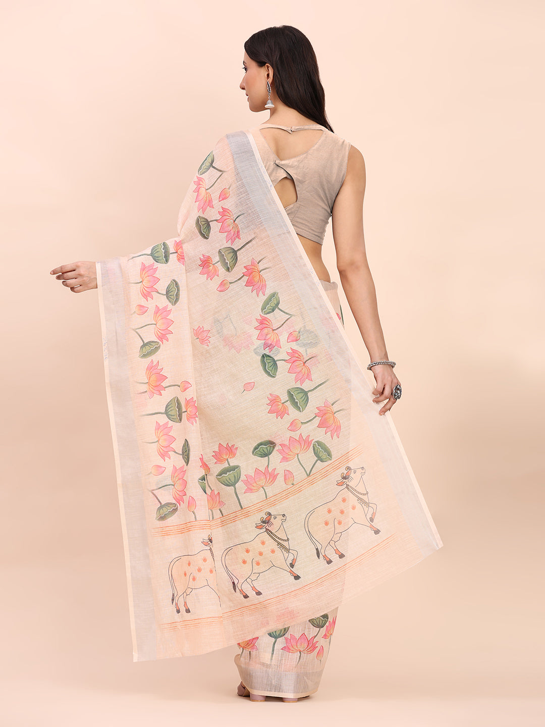 Astita Peach Cotton Cotton Saree with Tribal Floral Print | Bold Ethnic Design | Lightweight Casual & Festive Saree for Women