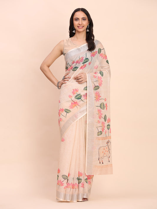 Astita Peach Cotton Cotton Saree with Tribal Floral Print | Bold Ethnic Design | Lightweight Casual & Festive Saree for Women