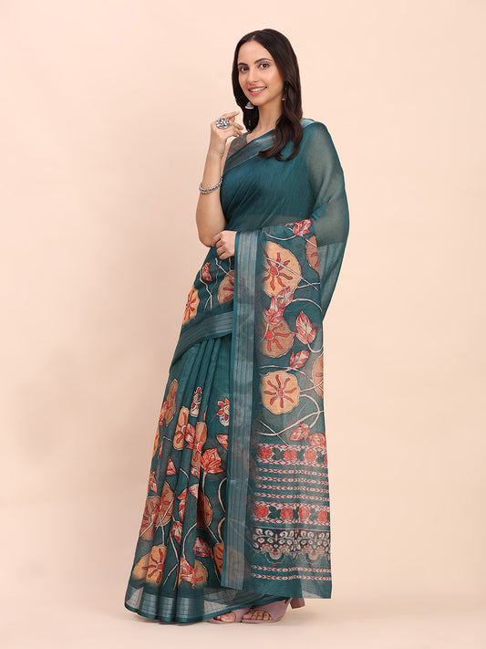 Astita Teal Green Cotton Cotton Saree with Tribal Floral Print | Bold Ethnic Design | Lightweight Casual & Festive Saree for Women