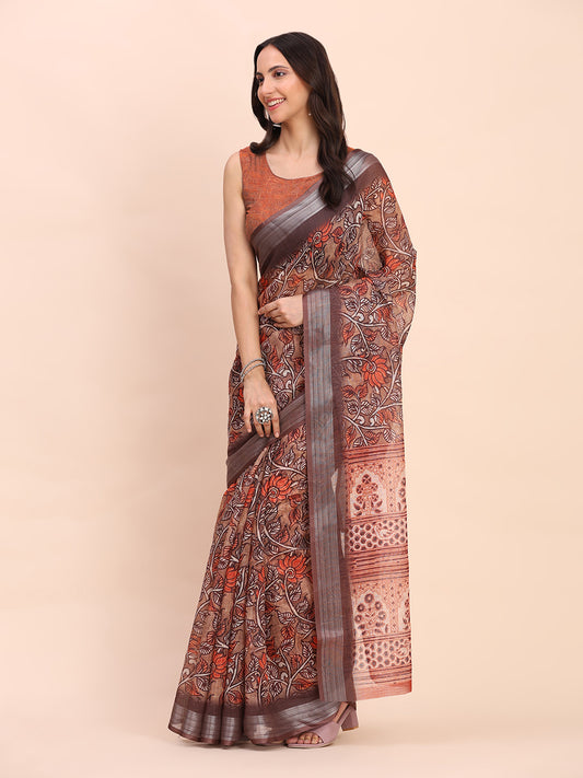 Astita Brown Cotton Cotton Saree with Tribal Floral Print | Bold Ethnic Design | Lightweight Casual & Festive Saree for Women
